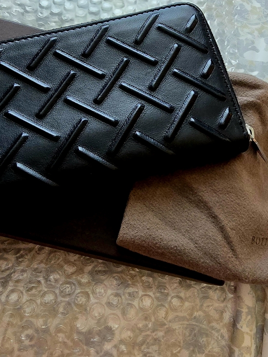 Bottega Veneta Handbags - Bottega Veneta Black Intrecciato Leather Zip Wallet